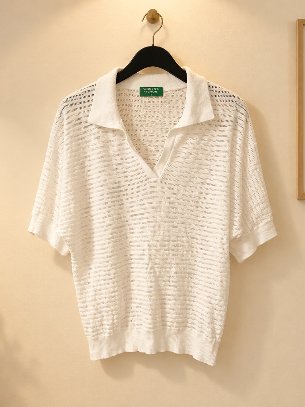 Vintage United Colors Of Benetton White Short-Sleeve Open-Knit Polo Sweater